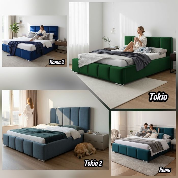 Łóżka tapicerowane z pojemnikiem na pościel stelaż metalowy