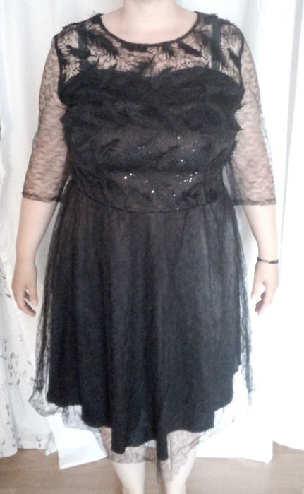 czarna sukienka piórka cekiny siateczka 46 impreza/bal/sylwester