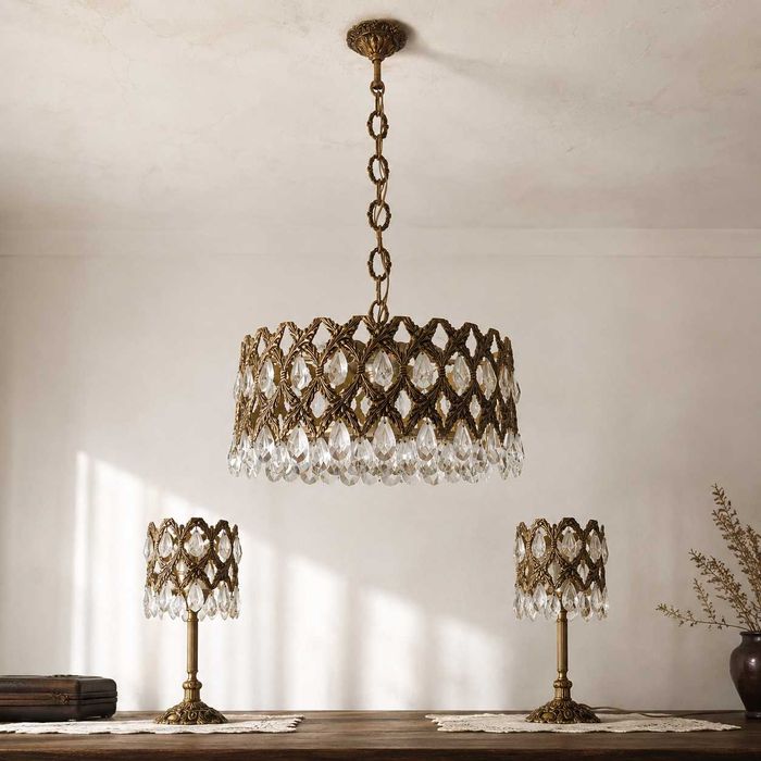 Conjunto vintage de lustre + 2 candeeiros de mesa