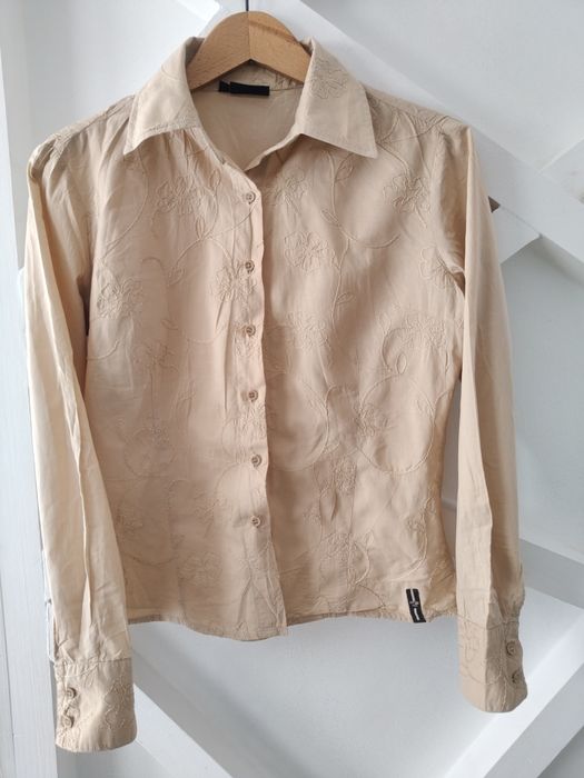 Beżowa koszula z haftem kwiatowym boho vintage