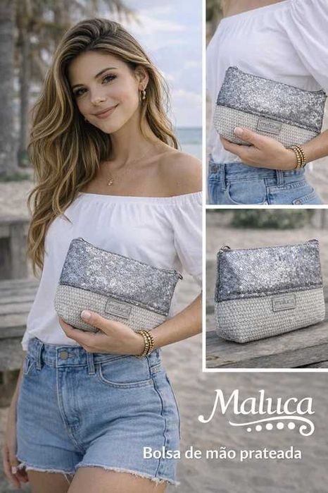 Bolsa de mão prateada com lantejoulas e acabamento em ráfia.