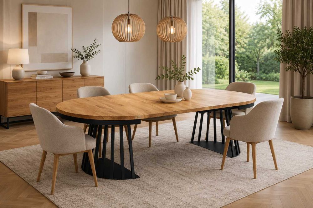 Nowoczesny okrągły stół dębowy LAMELLO Loft | Lite Drewno | Rozkładany | Producent