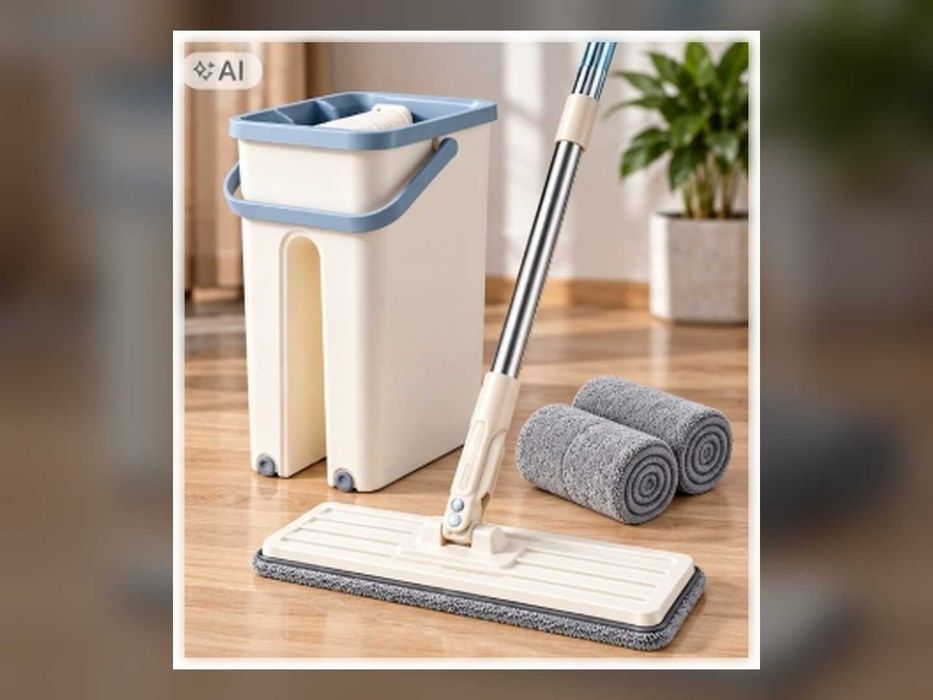 Nowy Mop Płaski Z Wiadrem Dwukomorowym Wyciskacz 2 Wkłady 120 Cm