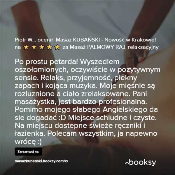 Masaż PALMOWY RAJ, relaks dla par, masaż KUBAŃSKI, Kraków