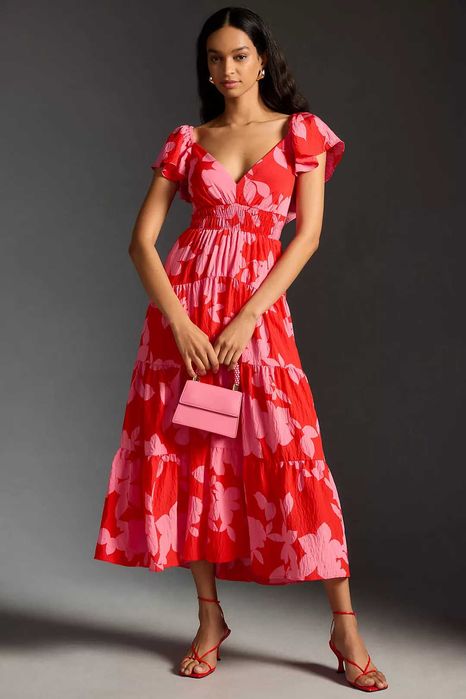 Vestido Anthropologie Vermelho/ Rosa com Folhos – Tamanho M