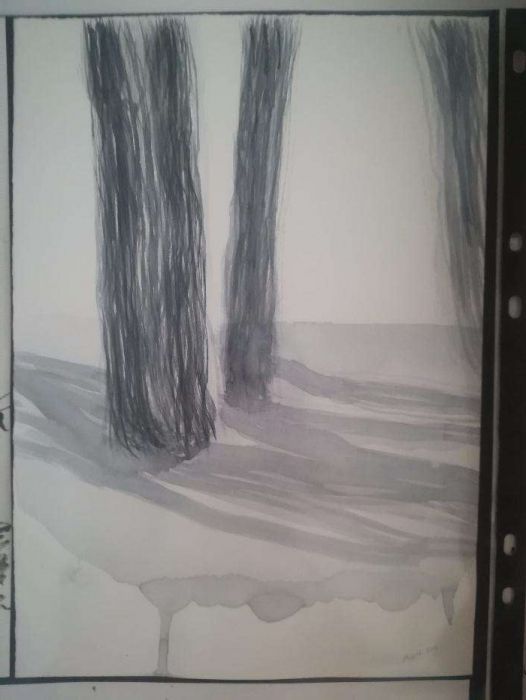 Pintura original troncos árvore e sombras - aguarela