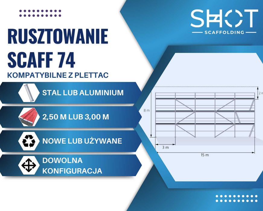 Rusztowanie nowe elewacyjne stalowe fasadowe Plettac 8,3 m wysokości na 15m długości =125m2 nowe/używane stal