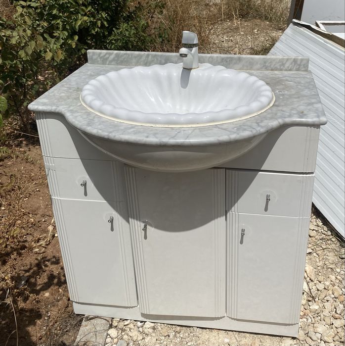 Móvel de Casa de Banho com Tampo em Mármore Natural e Lavatório – 80 cm