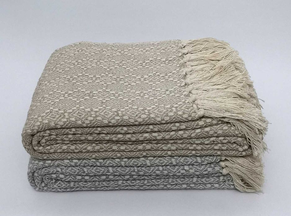 Koc bawełniany Liv 150x200 narzuta boho dwustronna frędzle beżowy ecru