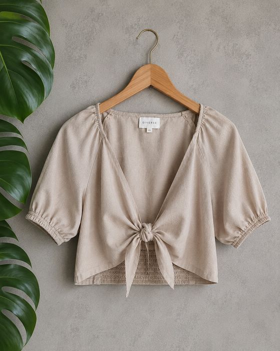 Krótka bluzka narzutka crop top beż Diverse XS 34 S 36 len