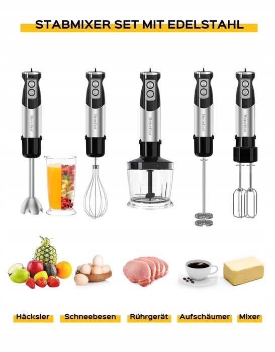 BENEFAST Blender Ręczny 6w1 Stalowy 1000W 12 Prędkości Turbo Do Zup Sa