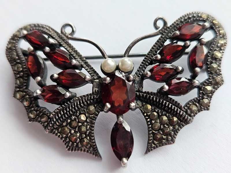 Srebrna broszka MOTYL 10,85g | Granaty i Markazyty | Srebro 925
