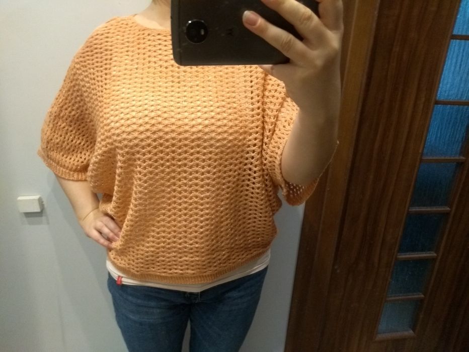 Łososiowy ażurowy sweterek narzutka r.uni
