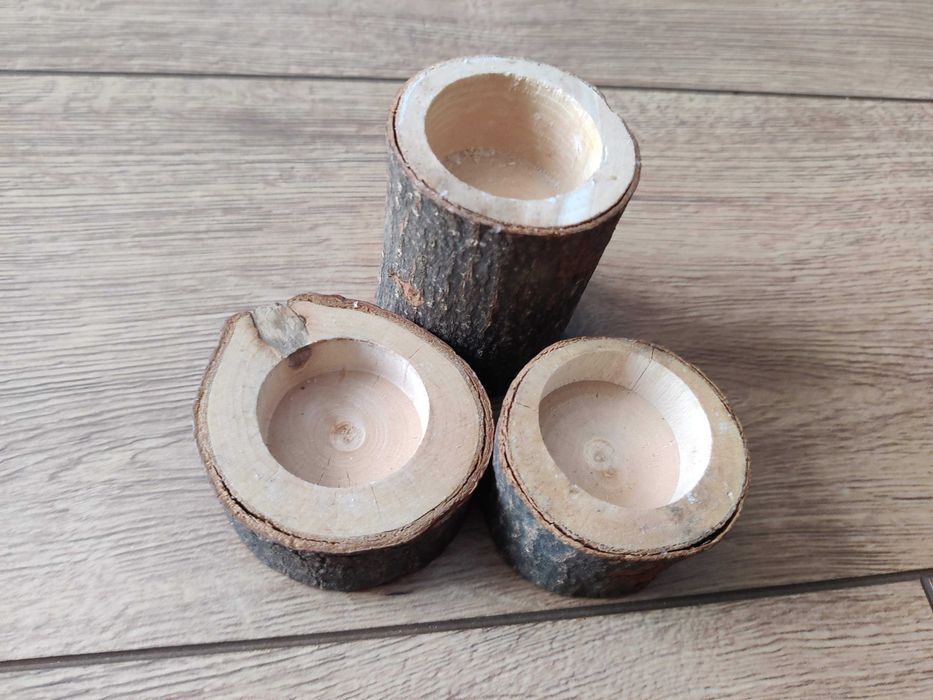 3 drewniane świeczniki tealight drewno pień