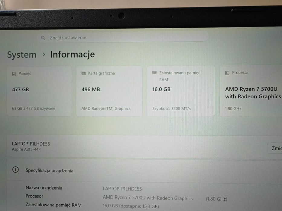 Laptop Acer ryzen 7 16gb