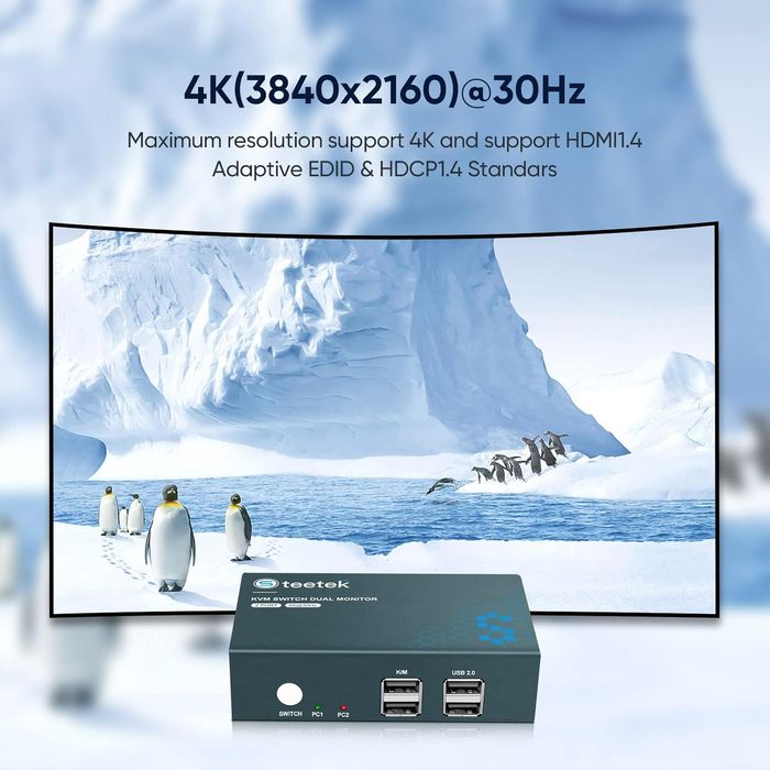 Steetek Przełącznik KVM HDMI dla 2 Monitorów i 2 Komputerów 4K 30Hz