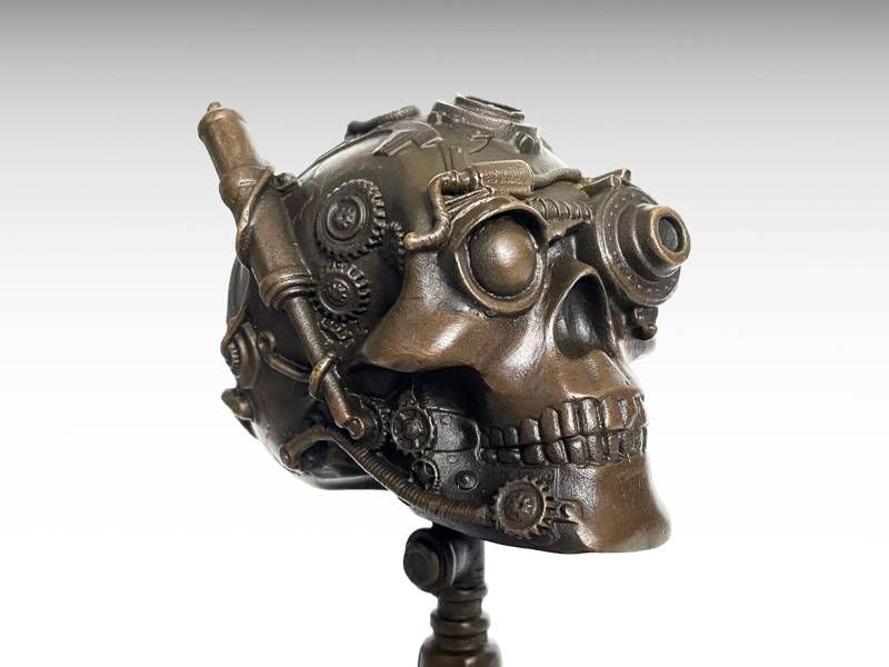 Escultura de bronze - Crâneo humano - Arte Steampunk