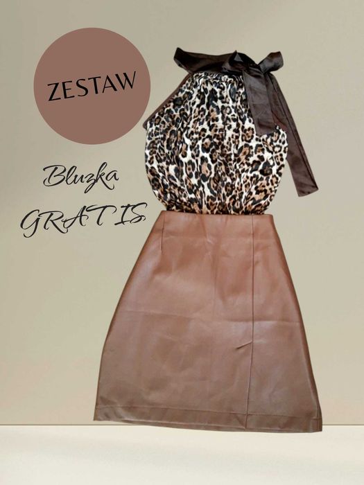 Spódnica elegancka brązowa eko skóra gratis bluzka