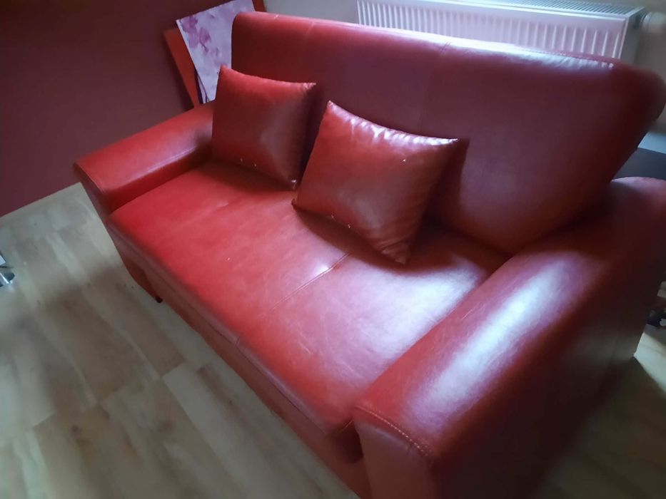 Kanapa sofa rozkladana skórzana czerwona