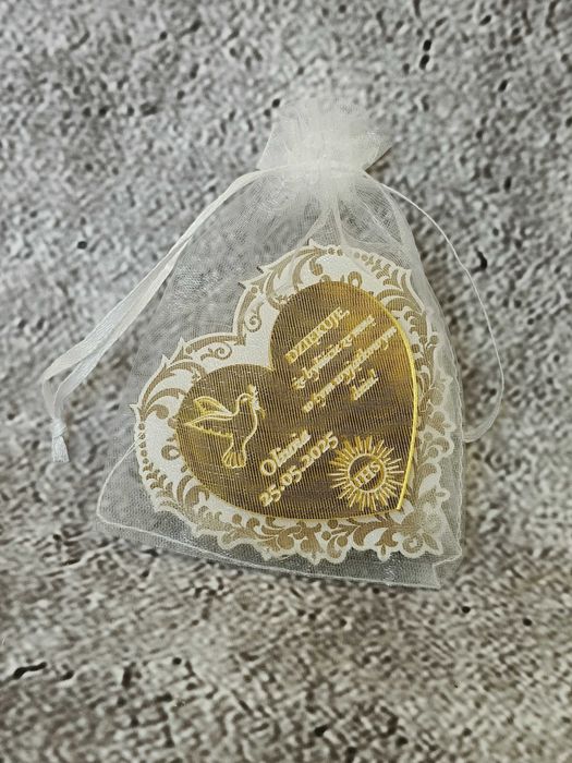 Podziękowanie dla gości Pierwsza Komunia serce ażur plexi magnes