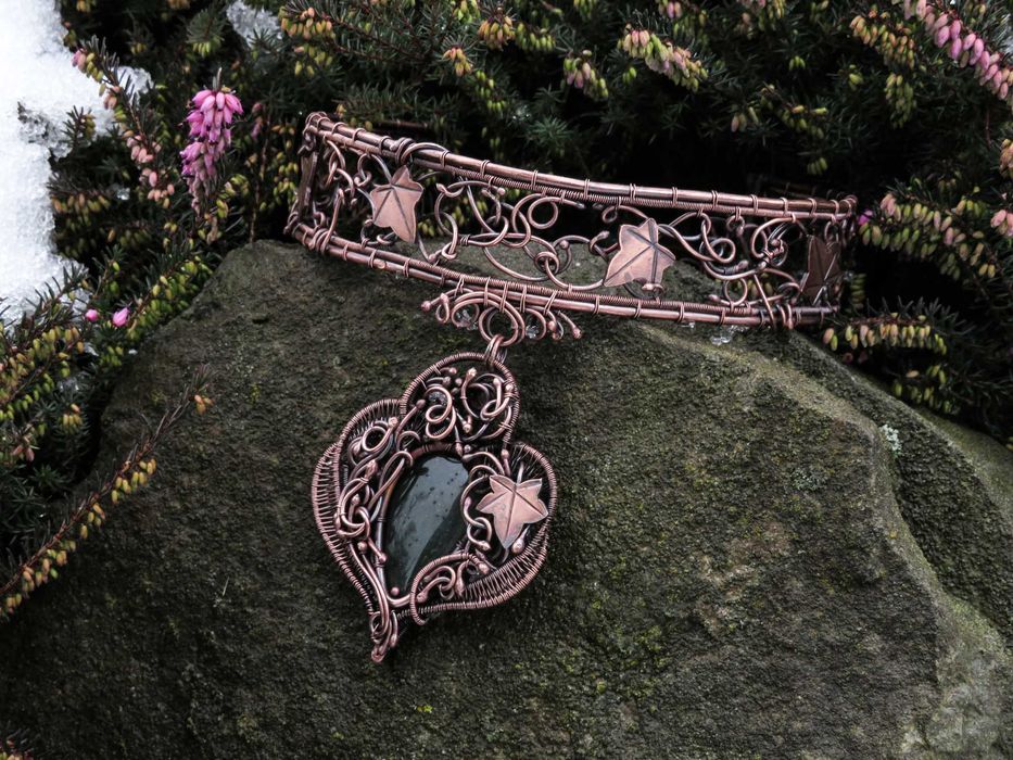 Unikatowa miedziana obroża, bluszcz, awenturyn, rękodzieło