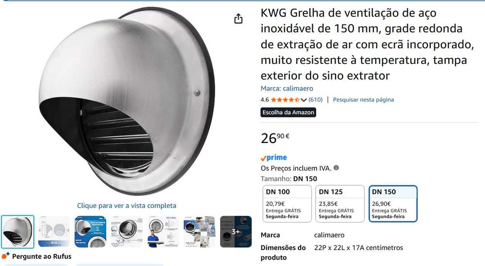 Grelha de ventilação de aço inoxidável de 150 mm