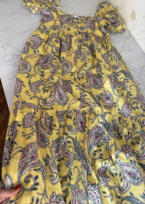 Шикарное платье zara, длинное, s m макси, катон вискоза, летнее жёлтое с узорами, рукава фонарики, для беременных, новое лёгкое воздушное сукня зара