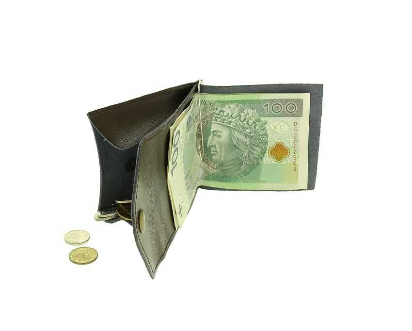Polska banknotówka cienki portfel męski na banknoty monety brąz skóra