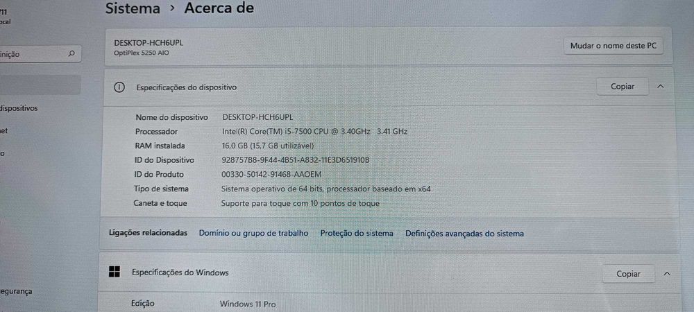 Dell Optiplex 5250 All In One 5250 Ecrã 21.5 FHD Touch i5/16GB RAM/SSD+HDD