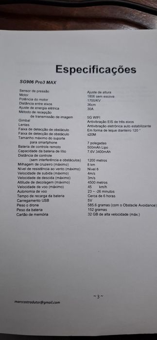 Drone SG906 PRO3 MAX Câmara 4 K Pouco USO instruções  EM Português