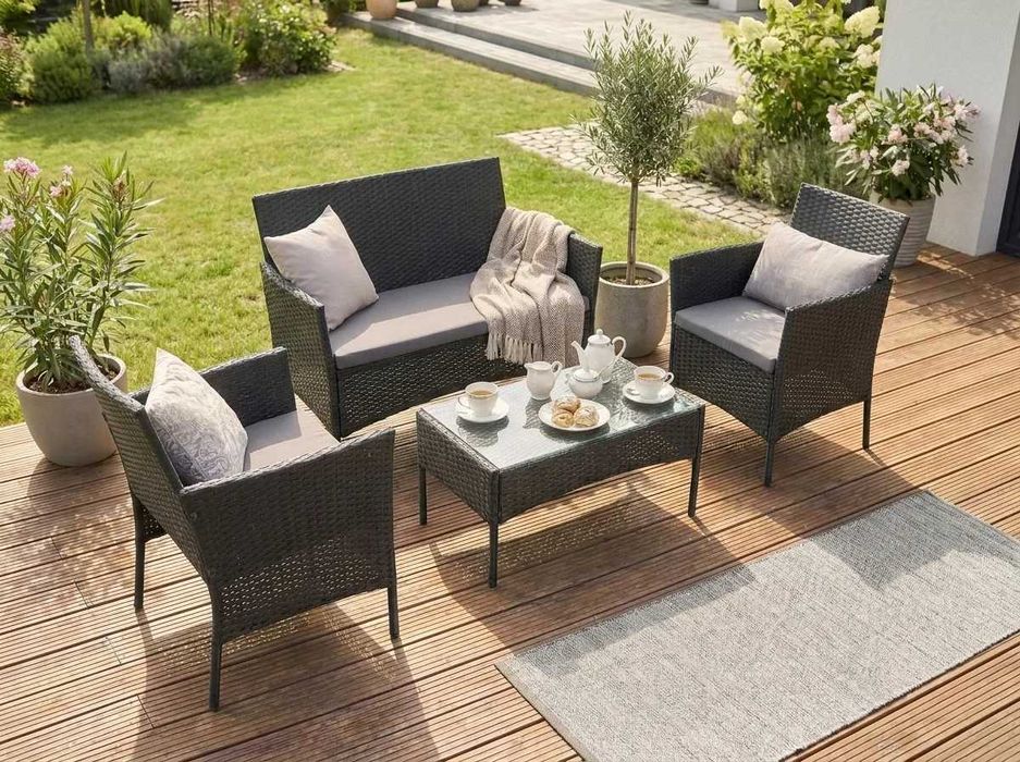 Meble Ogrodowe Technorattan | Zestaw na Taras Balkon Ogród | Sofa Fotele Stolik + Poduszki | Nowe | Czarny