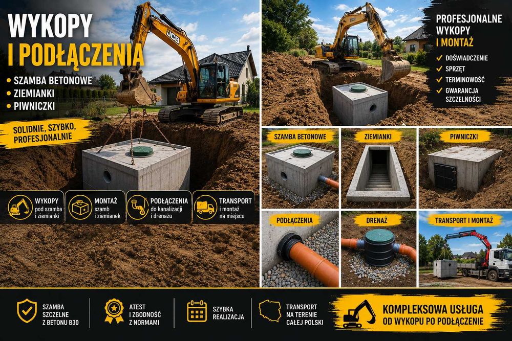 Szambo betonowe 12m3 i inne zbiorniki na szamba, deszczówka PRODUCENT KOMPLEKSOWO z wykopem
