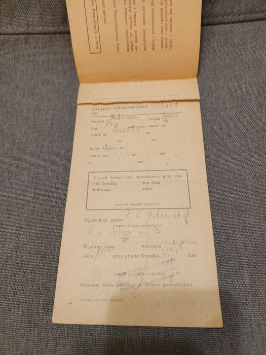 Książka gwarancyjna Polmozbyt Jawa 23p, inw