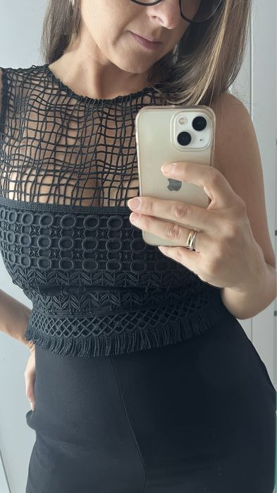 Kombinezon Pinko boho Czarny chwosty ażurowa góra