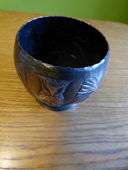 piękna miedziana osłonka na doniczkę -sowa