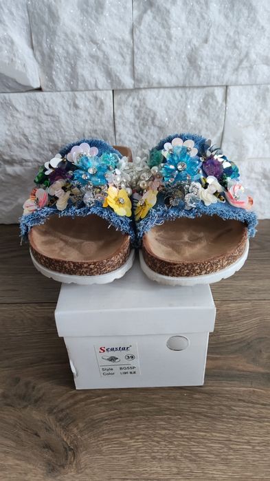 Klapki damskie kwiaty jeans 39