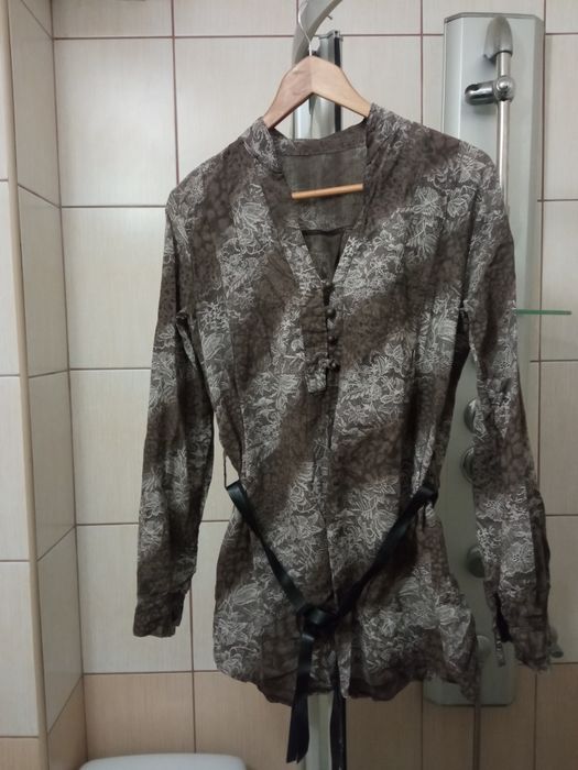 Elegancka XL bluzka koszulowa damska brązowa bawełniana