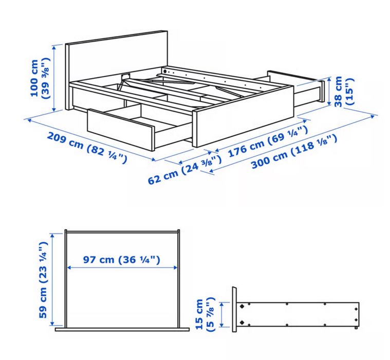 Cama IKEA MALM 180x200 branca c/ 4 gavetas + estrado pronta a levantar