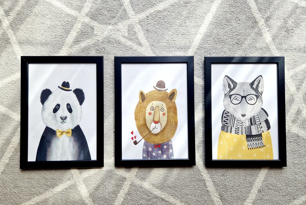 Zestaw 3x ramka z obrazkiem A4 do dziecięcego pokoju zwierzęta