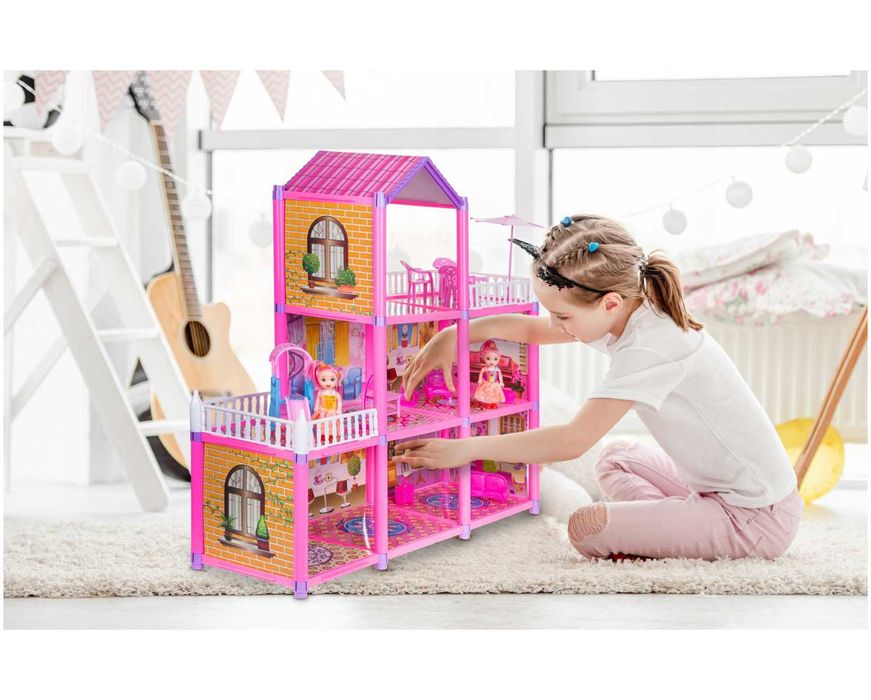 DUŻY Domek dla Lalek 3 Piętra 129 EL+ 2 Lalki Meble • Kompletny Zestaw