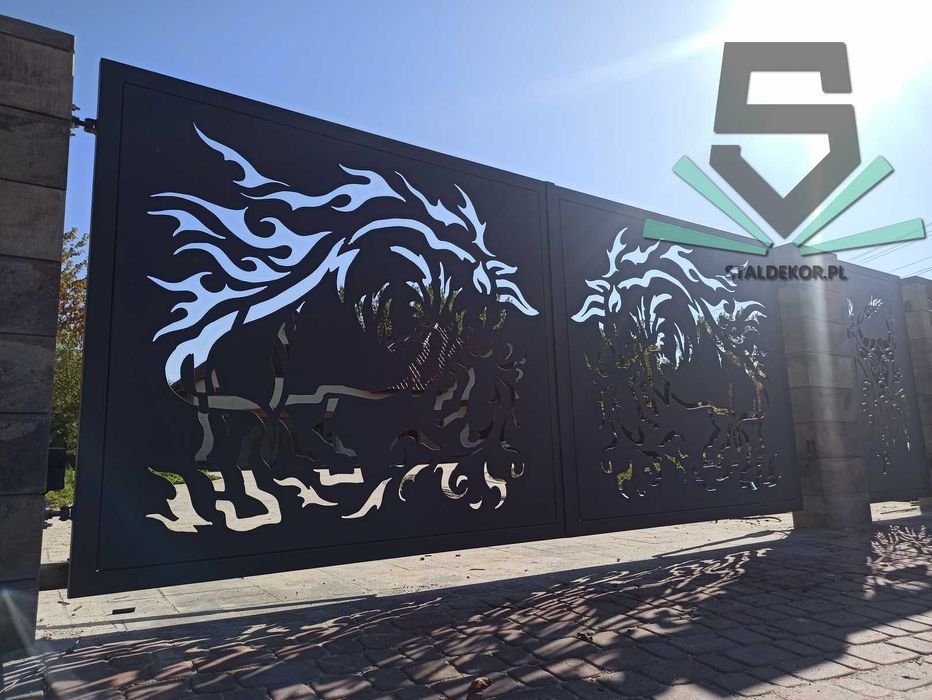 Brama dwuskrzydłowa 6x1,5m wycinana laserowo CNC panelowa.