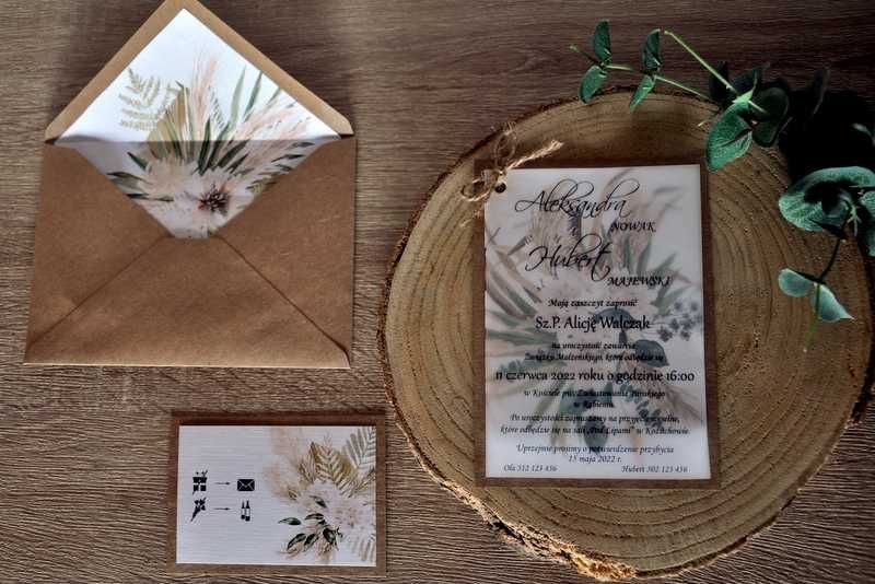 Zaproszenie, kalka, na podkładach, Boho, Rustykalne Trawy, Ślub