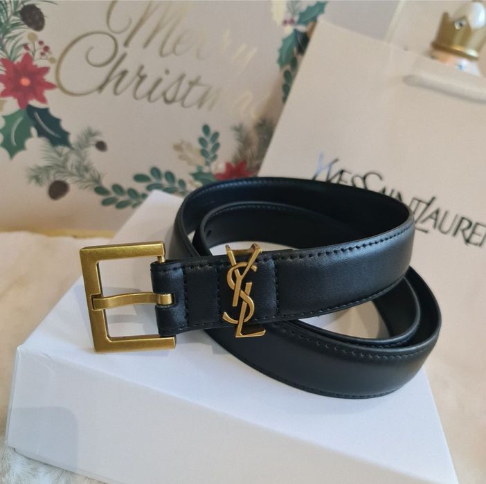 WYPRZEDAŻ Skórzany Pasek Damski YSL czarny złoty tanio Nowy