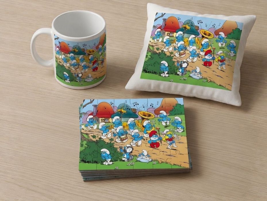 Smerfy komiks prezent dla fana dziecka geeka zestaw Poduszka kubek puzzle