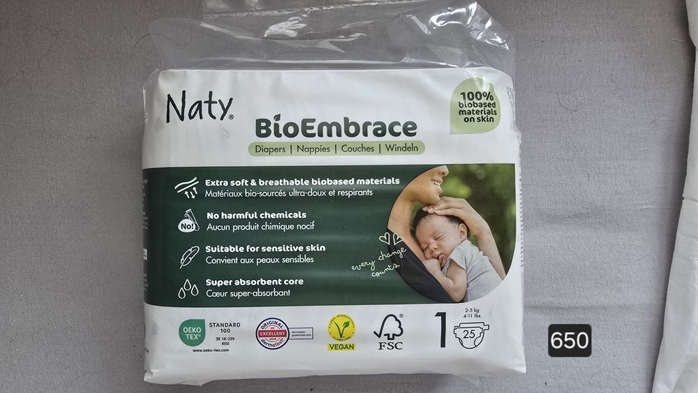 Підгузки NATY BioEmbrace розмір 1 (2-5 кг) 25 шт - нові