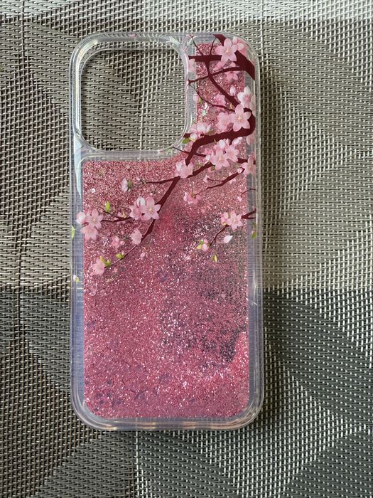 Чохол на айфон 16 pro з плаваючими блискітками гліттер рожевий сакура