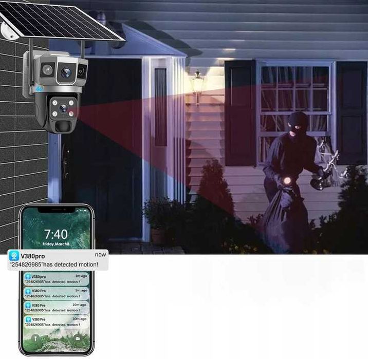 BEZPRZEWODOWA Kamera 4g LTE na kartę SIM solarna 2 obiektywy aplikacja