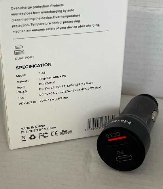 Carregador de Isqueiro - Fast Charging 38W - USB‑A + USB‑C - Novo