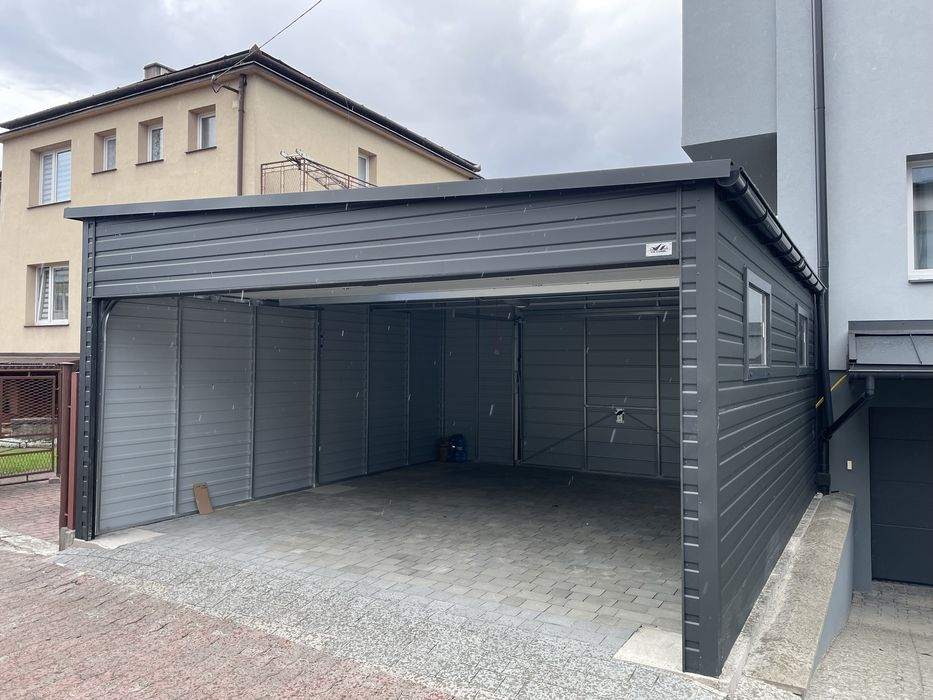 Garaż blaszany 5.5x6, brama segmentowa, profil zamknięty ocynkowany.