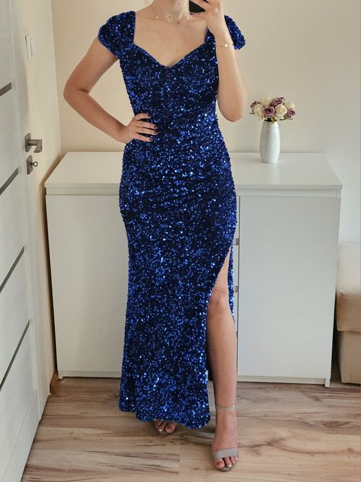 Granatowa sukienka maxi z cekinami 38 M rozcięcie wesele dopasowana